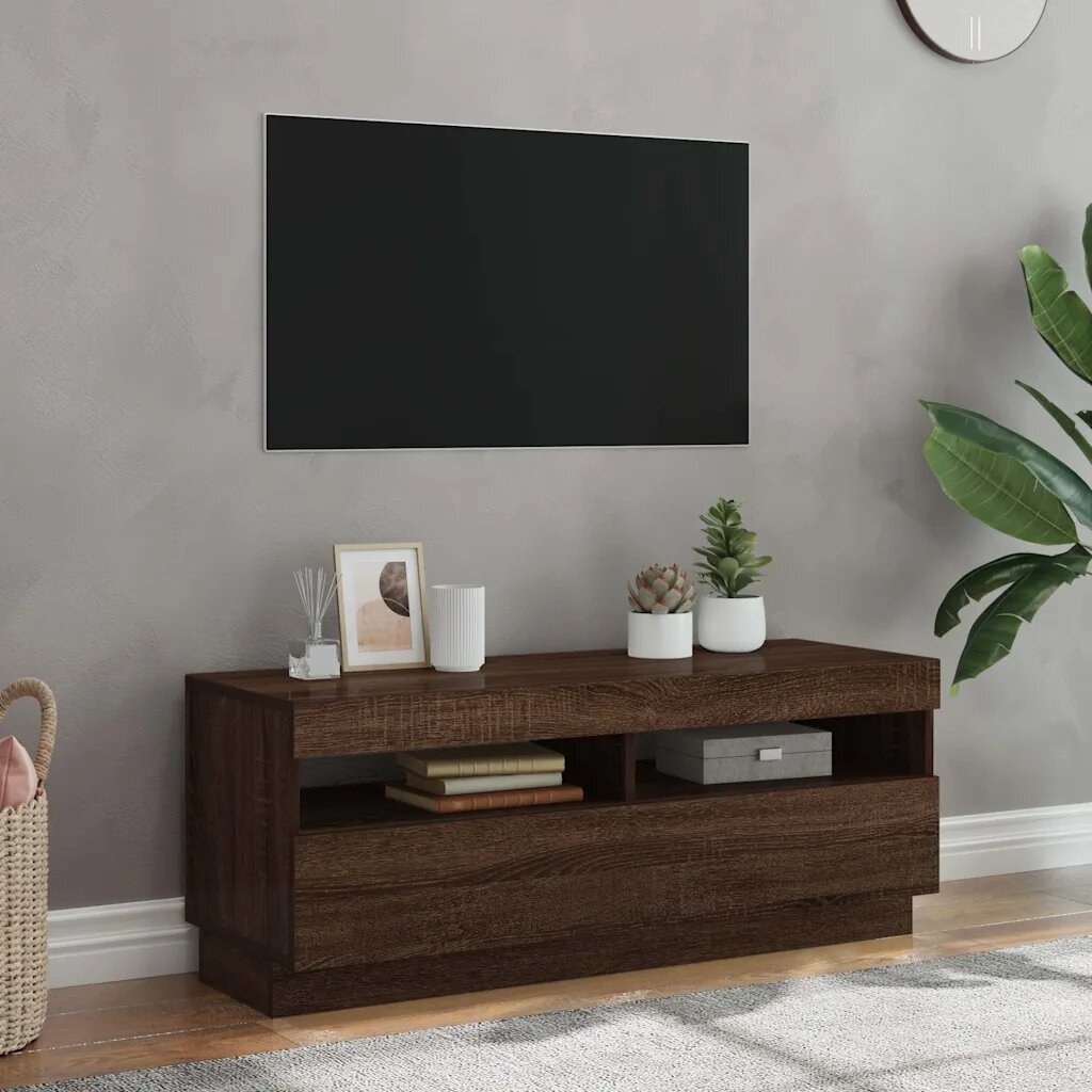 vidaXL ТВ шкаф с LED осветление кафяв дъб 100x35x40 см