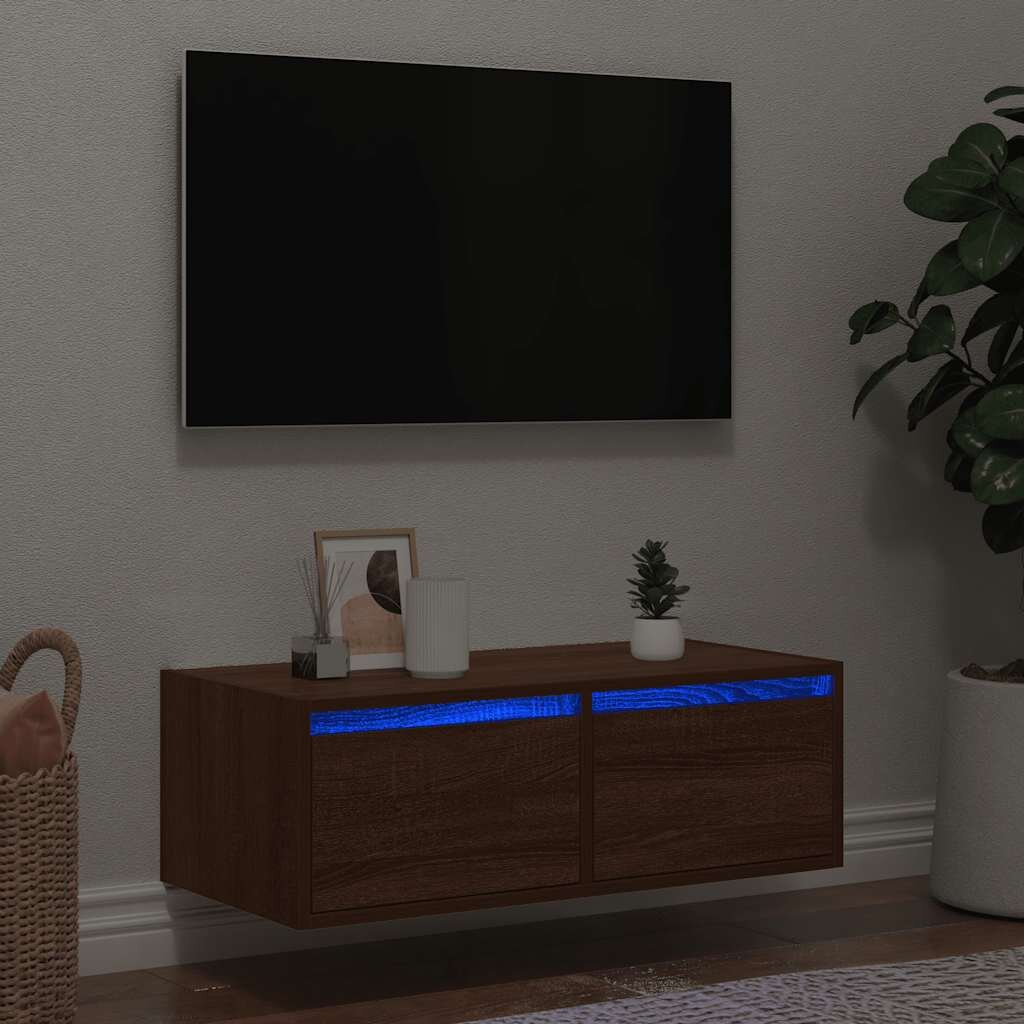 vidaXL ТВ шкаф с LED осветление кафяв дъб 75x355x25 см