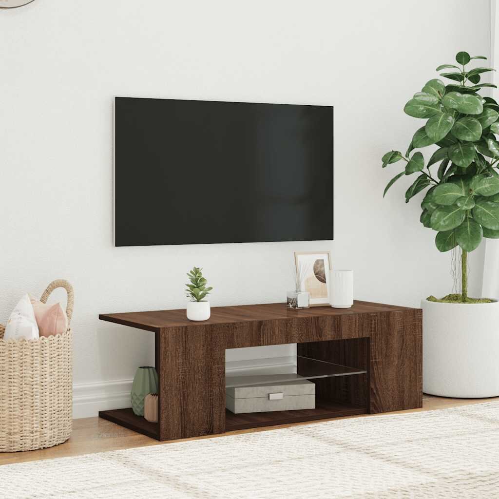 vidaXL ТВ шкаф с LED осветление кафяв дъб 90x39x30 см