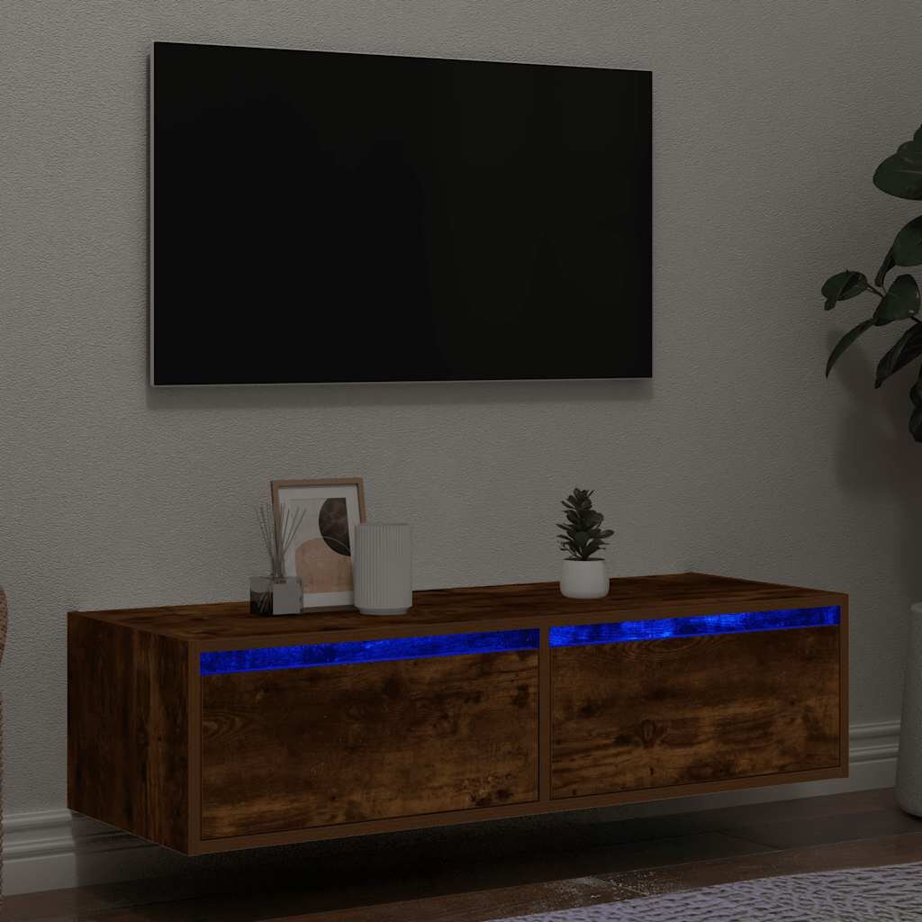 vidaXL ТВ шкаф с LED осветление опушен дъб 100X355x25 см