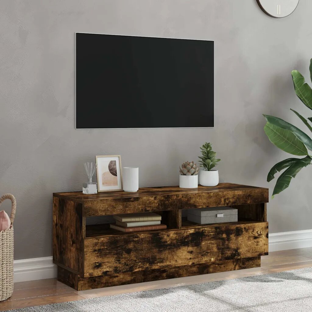 vidaXL ТВ шкаф с LED осветление опушен дъб 100x35x40 см