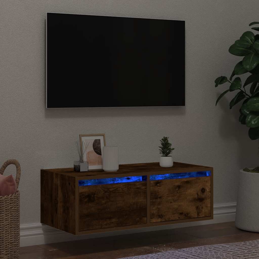 vidaXL ТВ шкаф с LED осветление опушен дъб 75x355x25 см