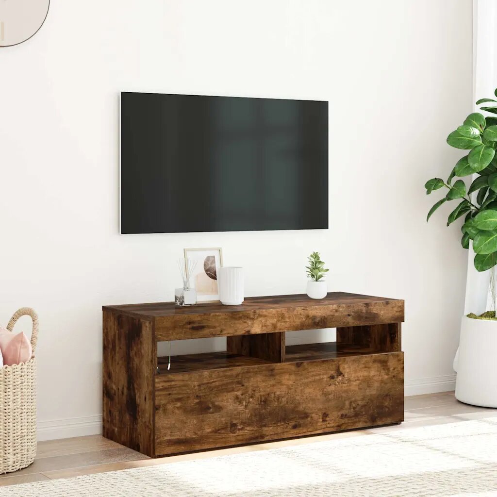 vidaXL ТВ шкаф с LED осветление опушен дъб 90x35x40 см