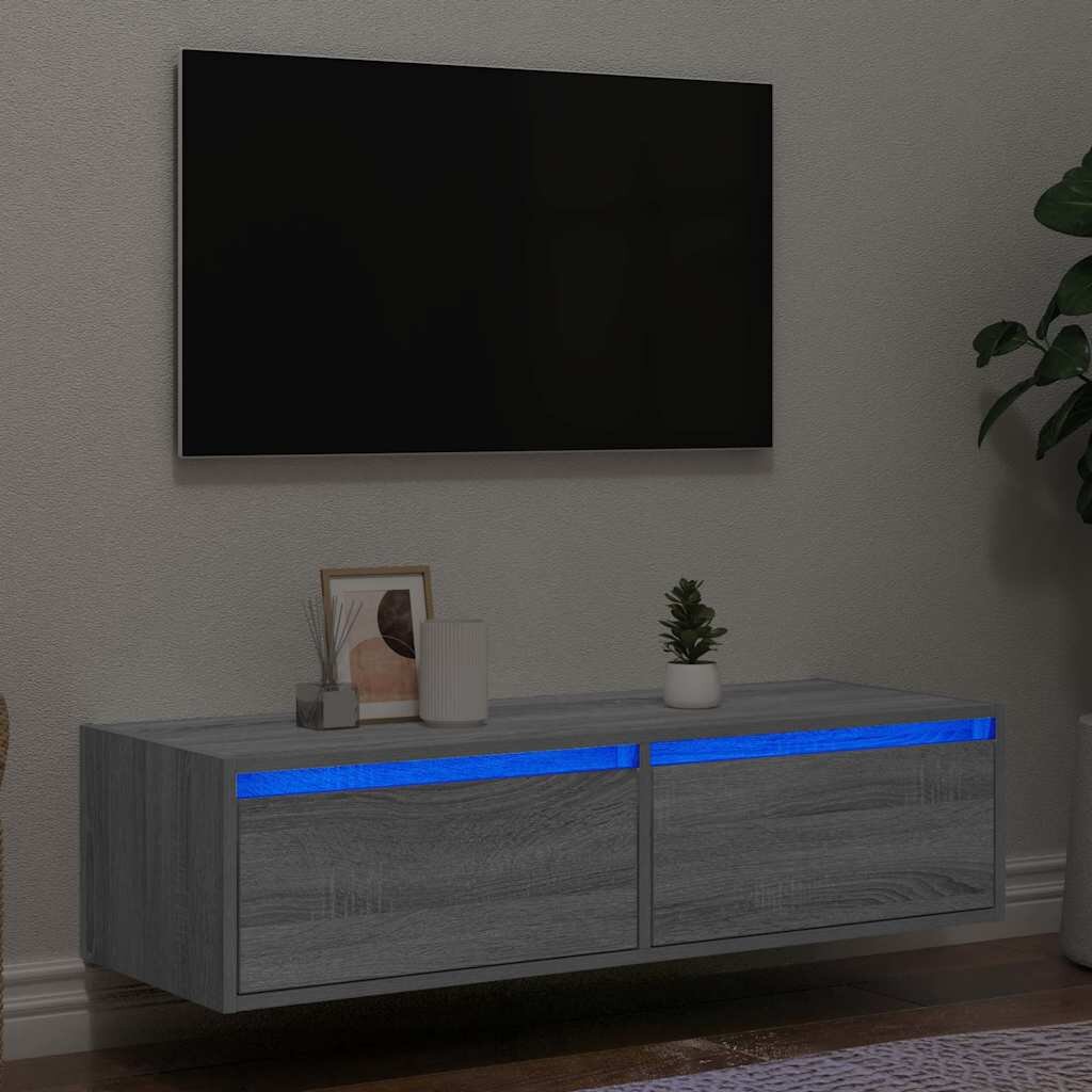 vidaXL ТВ шкаф с LED осветление сив сонома 100X355x25 см