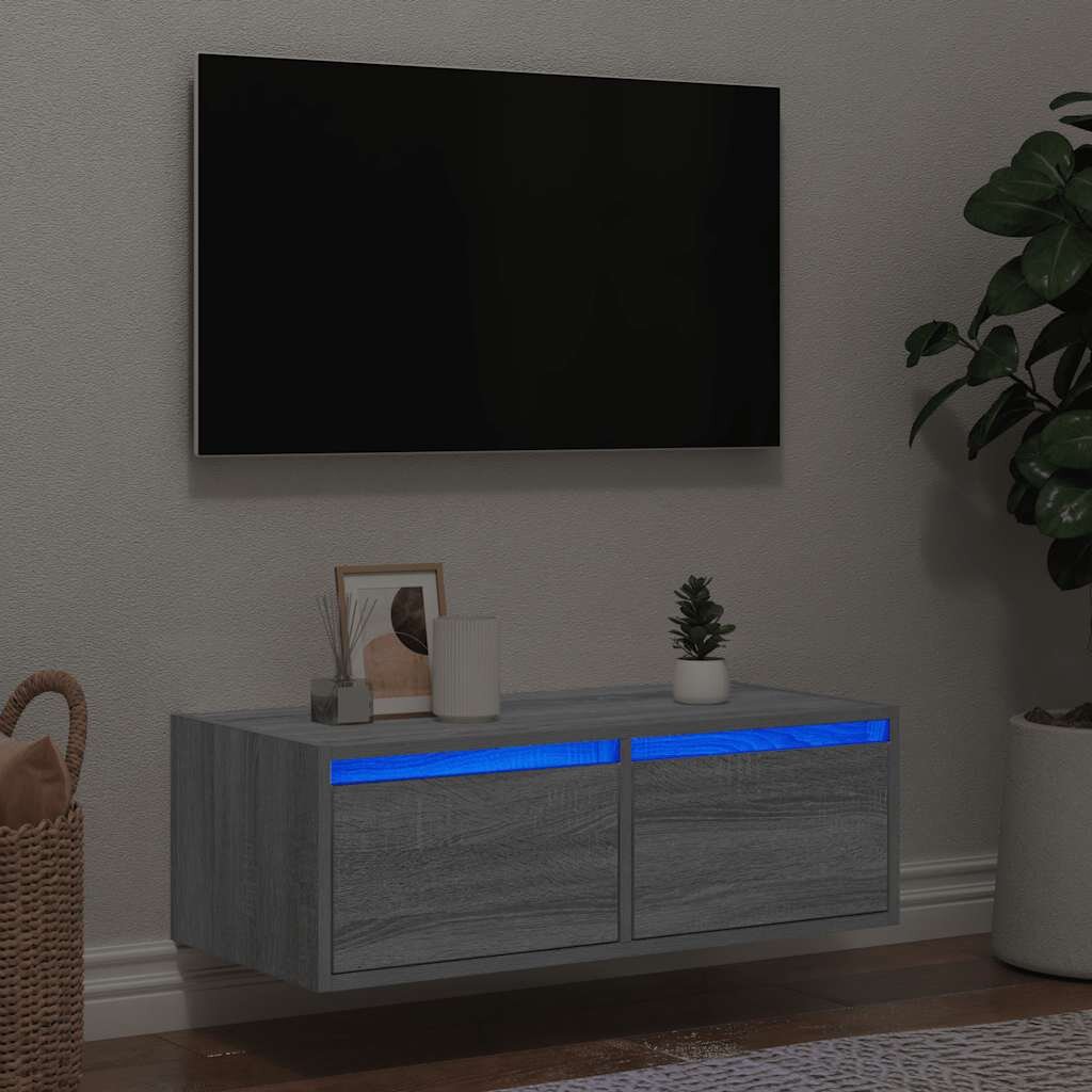 vidaXL ТВ шкаф с LED осветление сив сонома 75x355x25 см