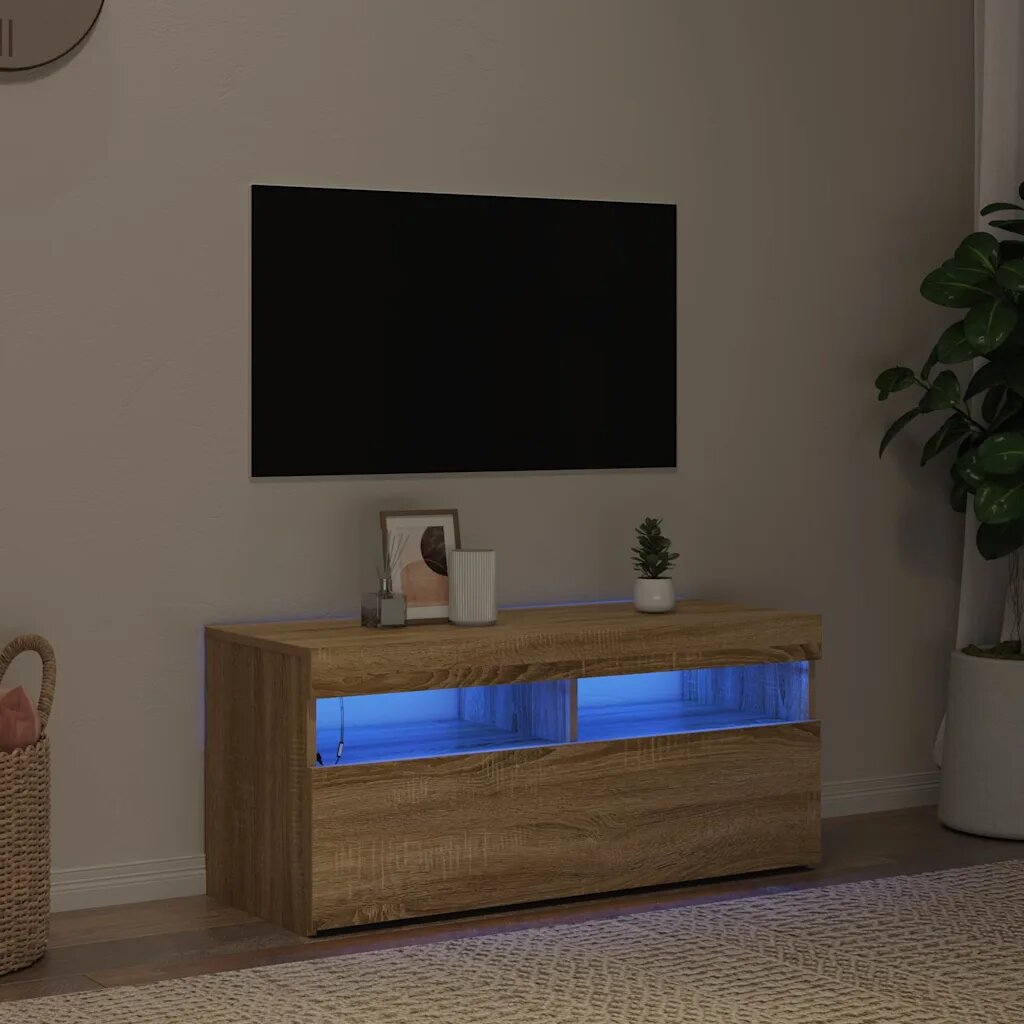 vidaXL ТВ шкаф с LED осветление сонома дъб 90x35x40 см