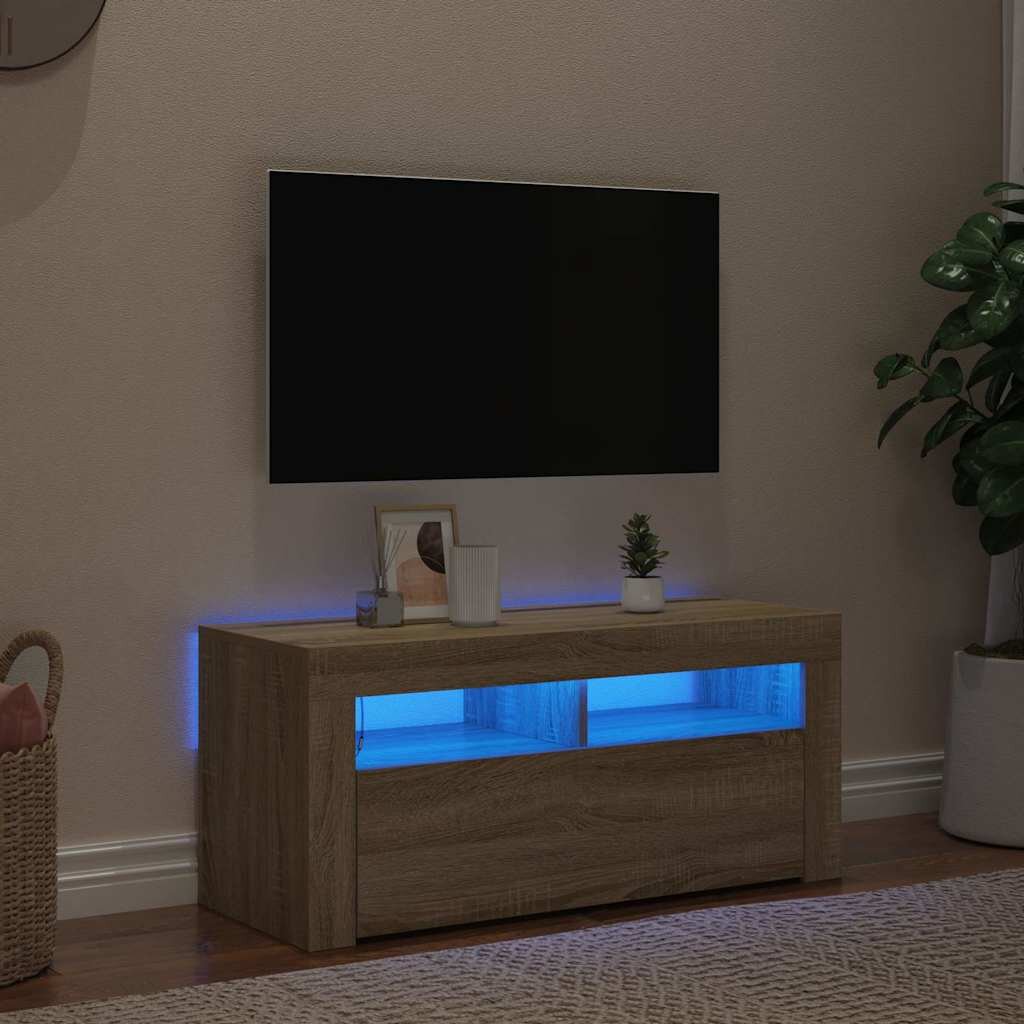 vidaXL ТВ шкаф с LED осветление сонома дъб 90x35x40 см