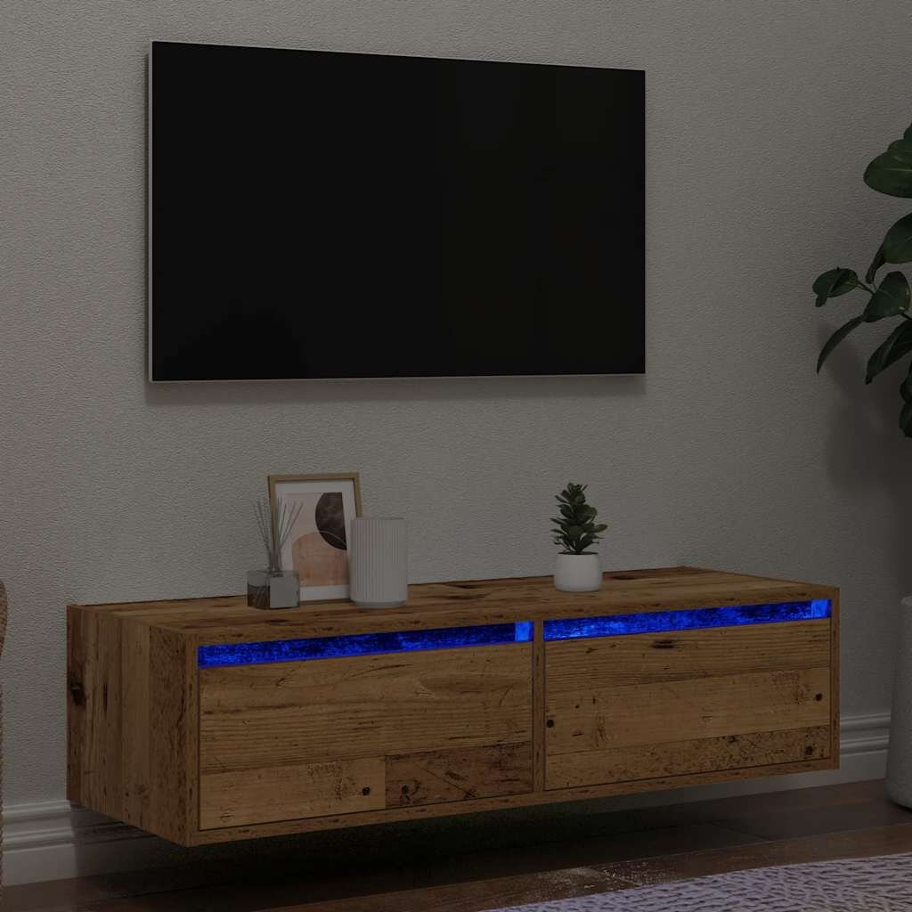 vidaXL ТВ шкаф с LED осветление старо дърво 100X355x25 см
