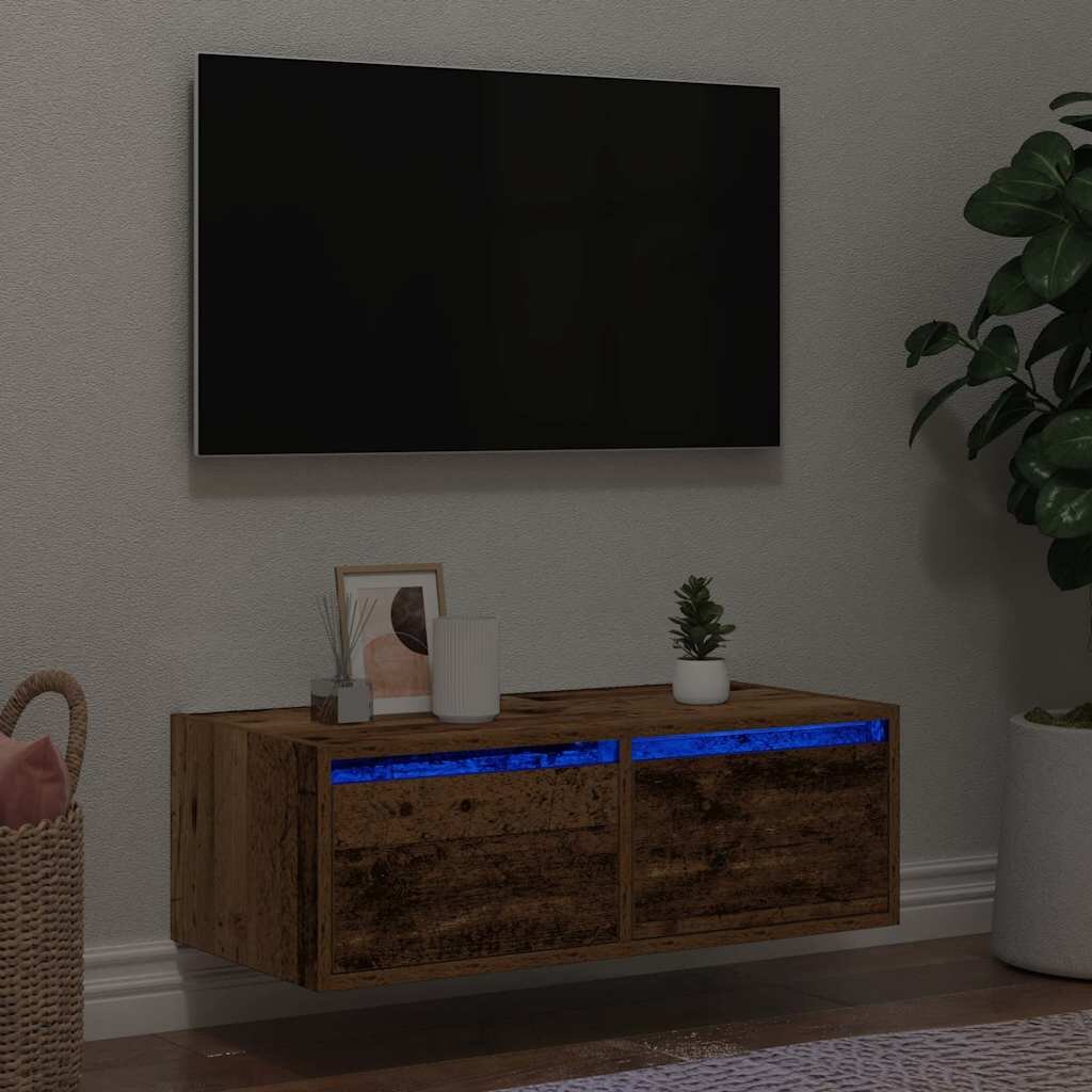 vidaXL ТВ шкаф с LED осветление старо дърво 75x355x25 см