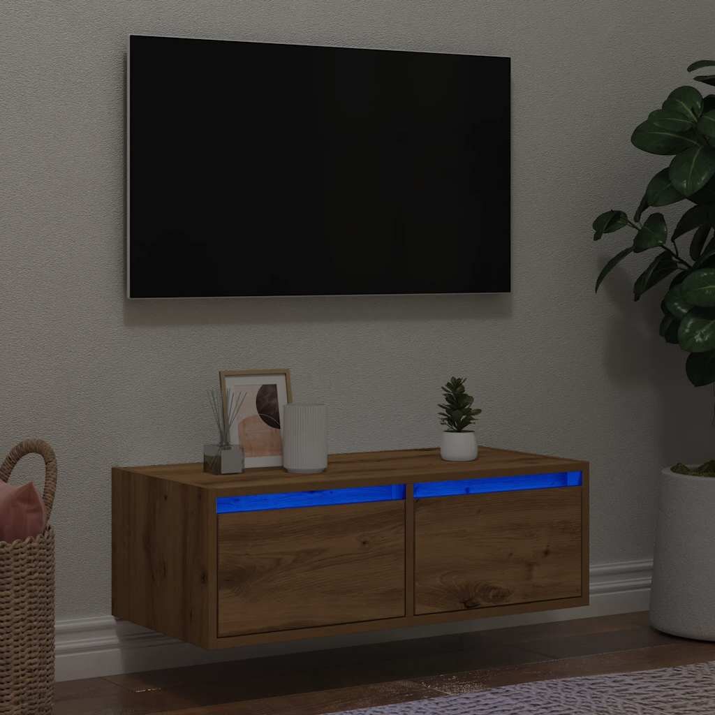 vidaXL ТВ шкаф с LED светлини Artisan дъб 75x355x25 cm