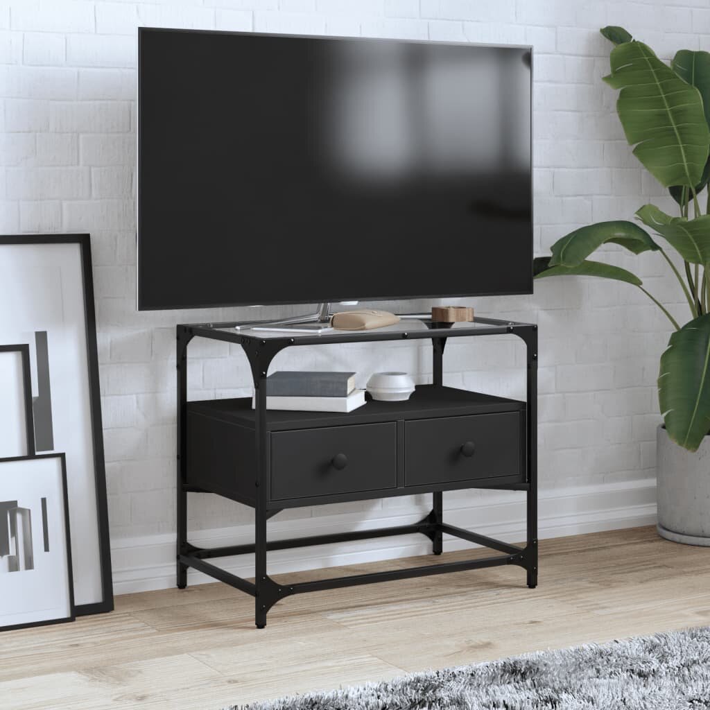 vidaXL ТВ шкаф със стъклен плот черен 60x35x51 см инженерно дърво