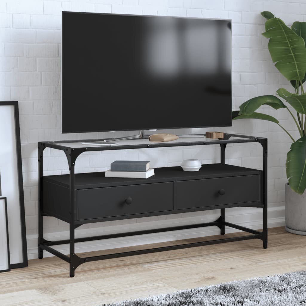 vidaXL ТВ шкаф със стъклен плот черен 98x35x51 см инженерно дърво