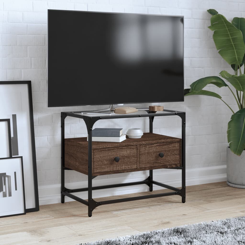 vidaXL ТВ шкаф със стъклен плот кафяв дъб 60x35x51 см инженерно дърво