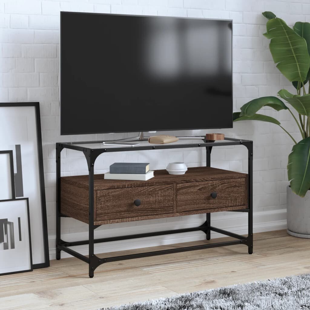 vidaXL ТВ шкаф със стъклен плот кафяв дъб 80x35x51 см инженерно дърво