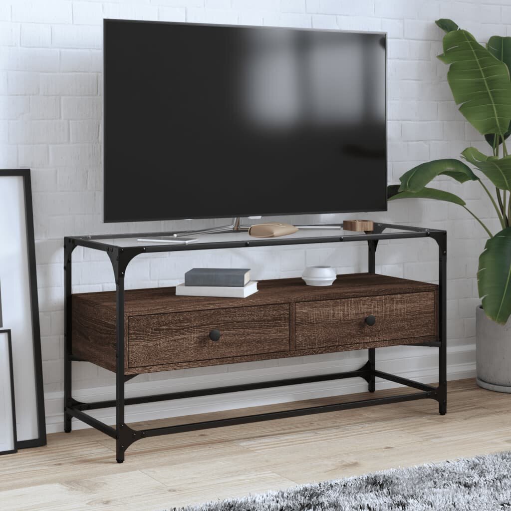 vidaXL ТВ шкаф със стъклен плот кафяв дъб 98x35x51 см инженерно дърво