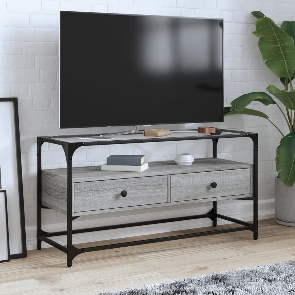 vidaXL ТВ шкаф със стъклен плот сив сонома 98x35x51 см инженерно дърво