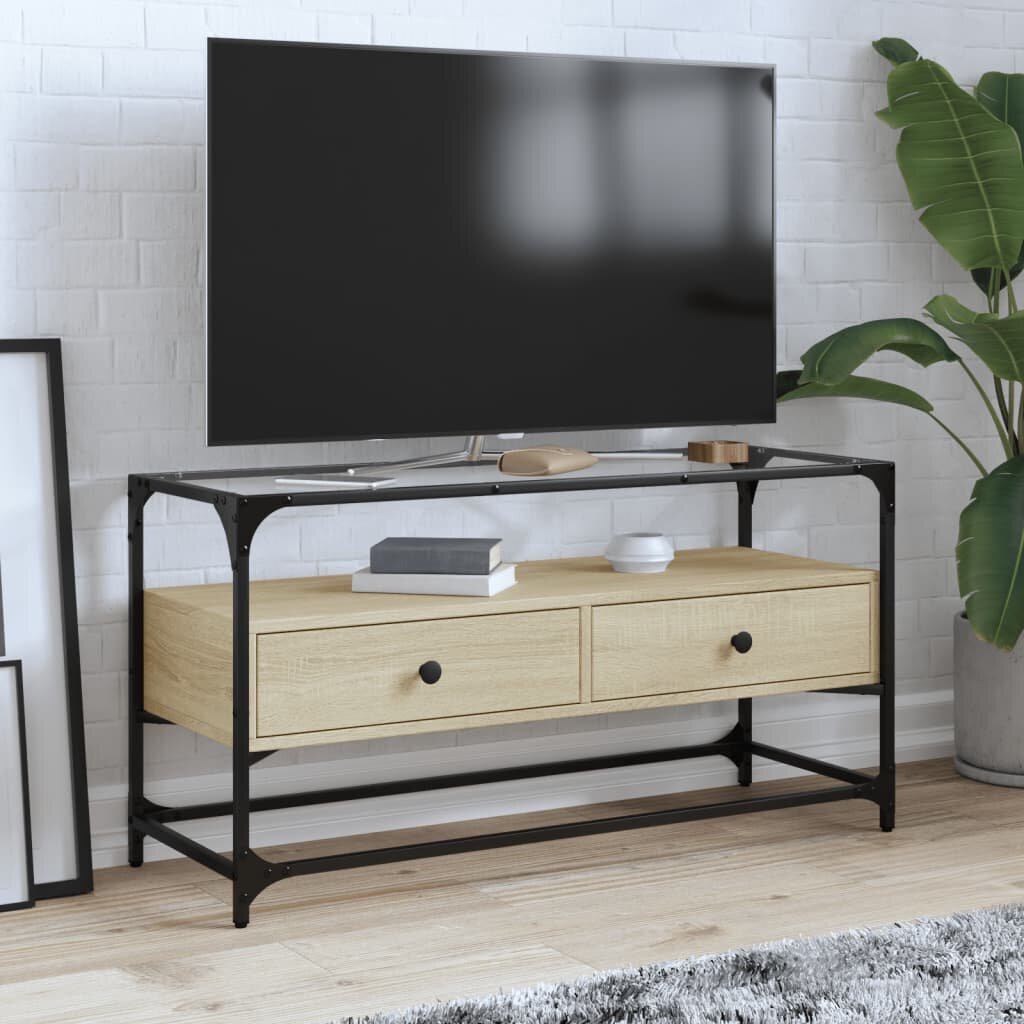 vidaXL ТВ шкаф със стъклен плот сонома дъб 98x35x51 см инженерно дърво