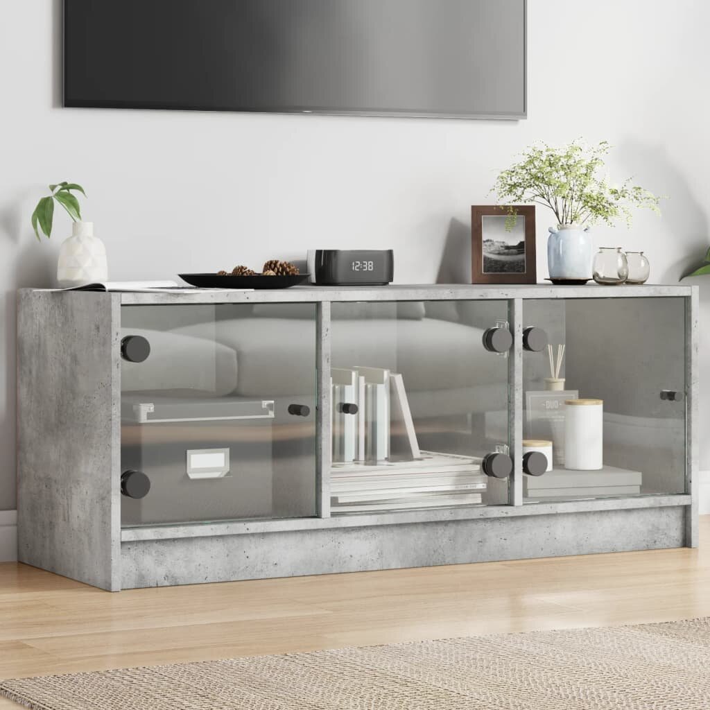 vidaXL ТВ шкаф със стъклени врати бетонно сив 102x37x42 cm