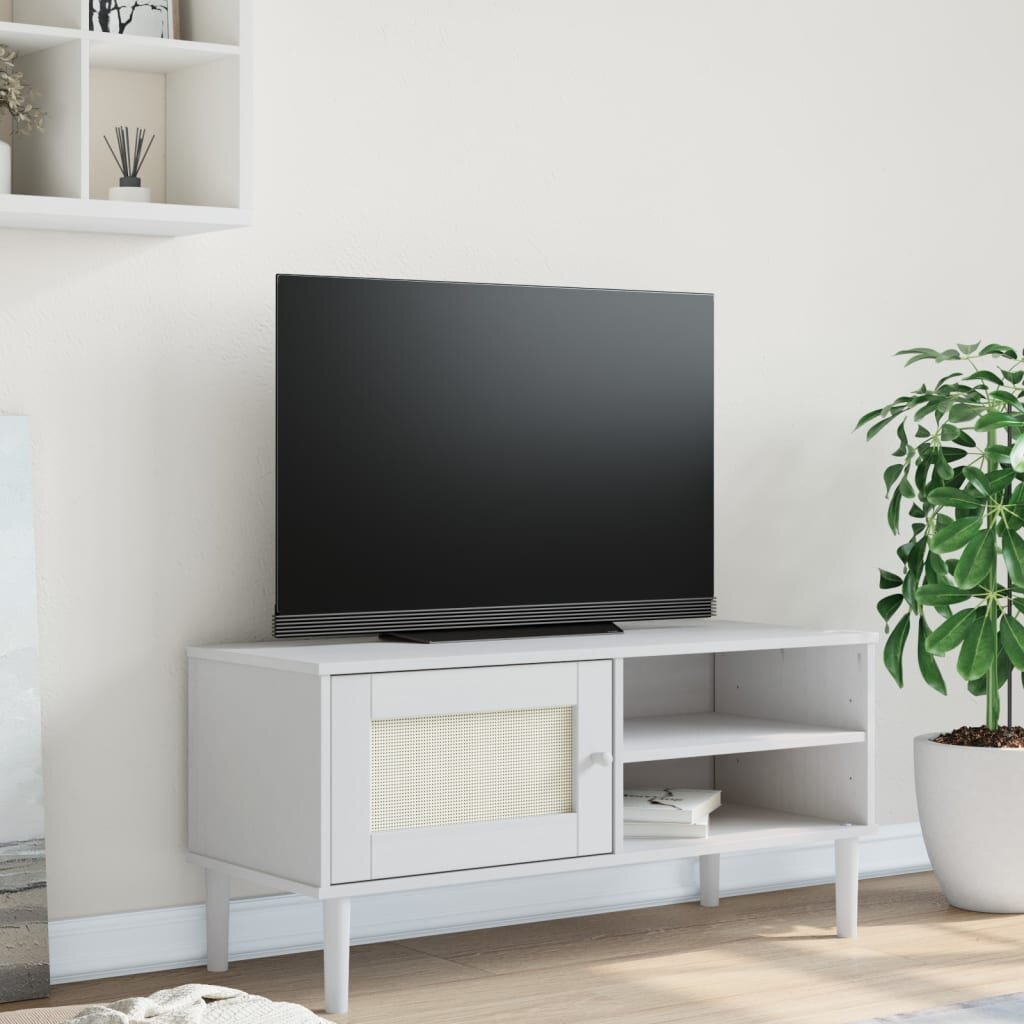vidaXL ТВ шкаф SENJA ратанова визия бял 106x40x49 см бор масив