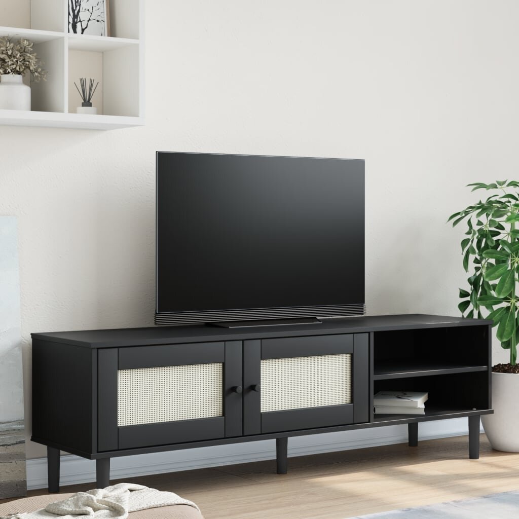 vidaXL ТВ шкаф SENJA ратанова визия черен 158x40x49 см бор масив