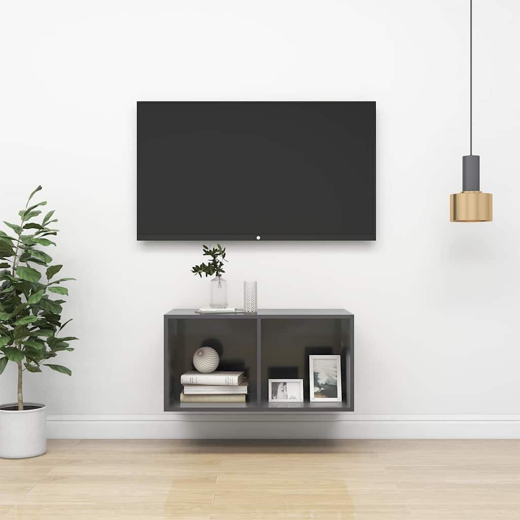 vidaXL ТВ шкаф за стенен монтаж сив гланц 37x37x72см инженерно дърво