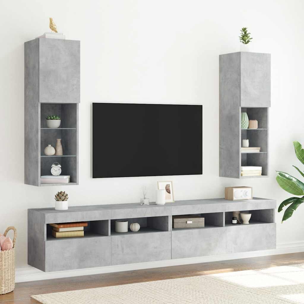vidaXL ТВ шкафове с LED осветление 2 бр бетонно сиви 305x30x102 см