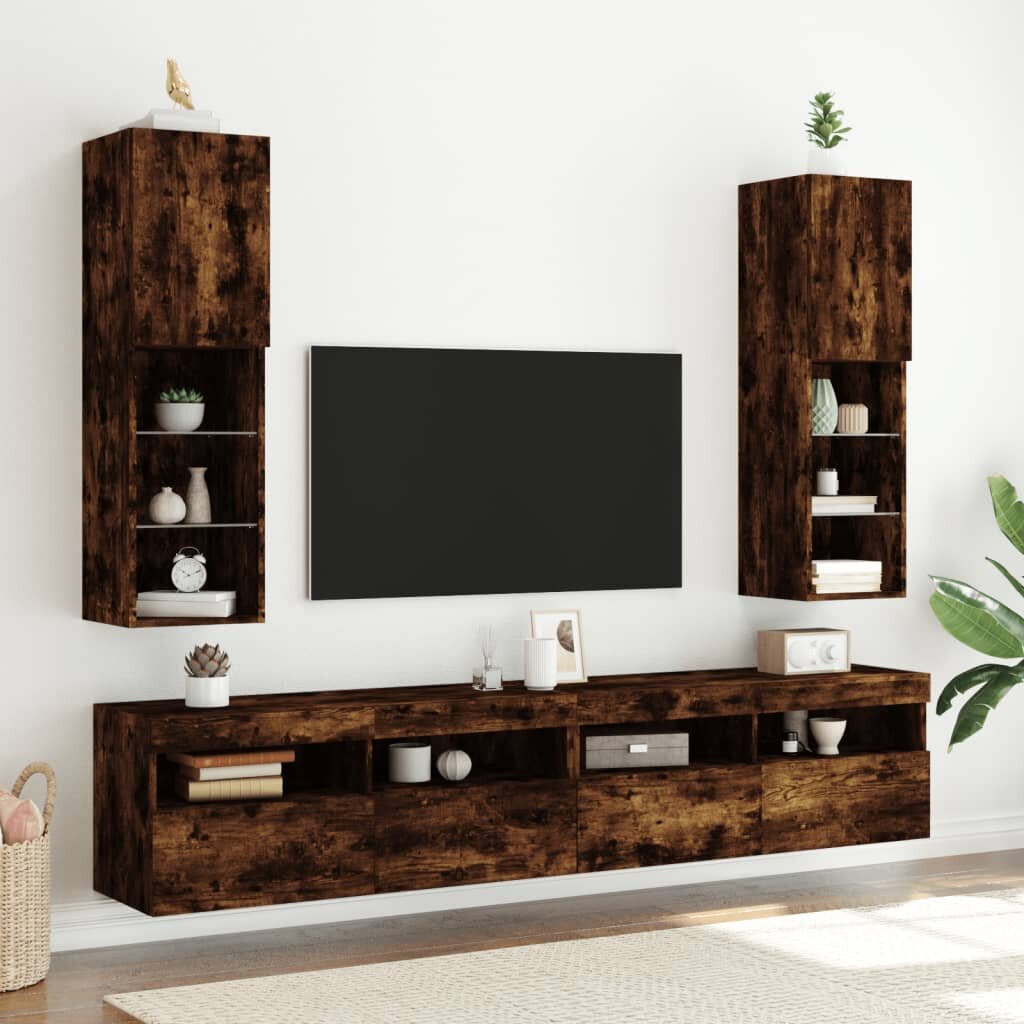 vidaXL ТВ шкафове с LED осветление 2 бр опушен дъб 305x30x102 см