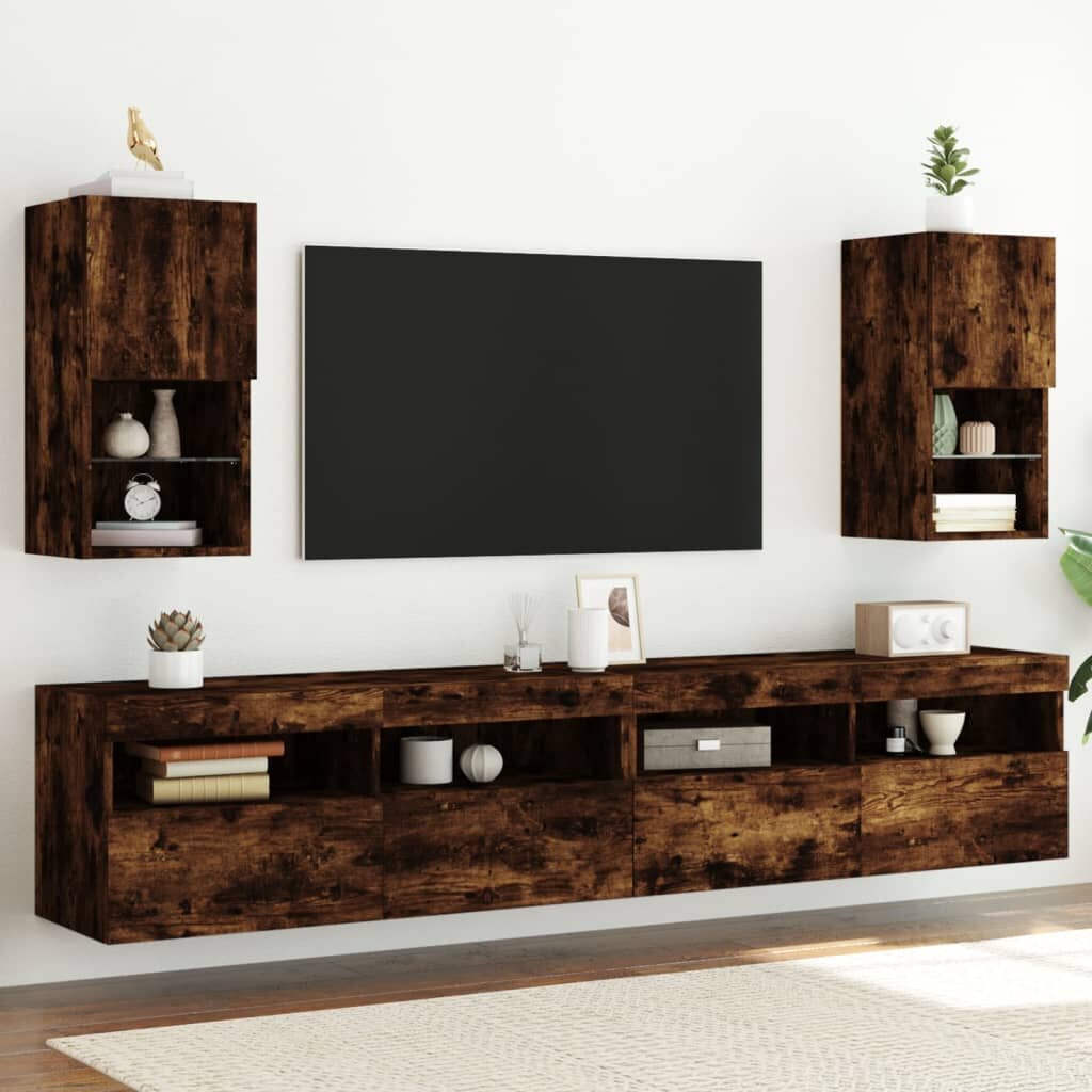 vidaXL ТВ шкафове с LED осветление 2 бр опушен дъб 305x30x60 см