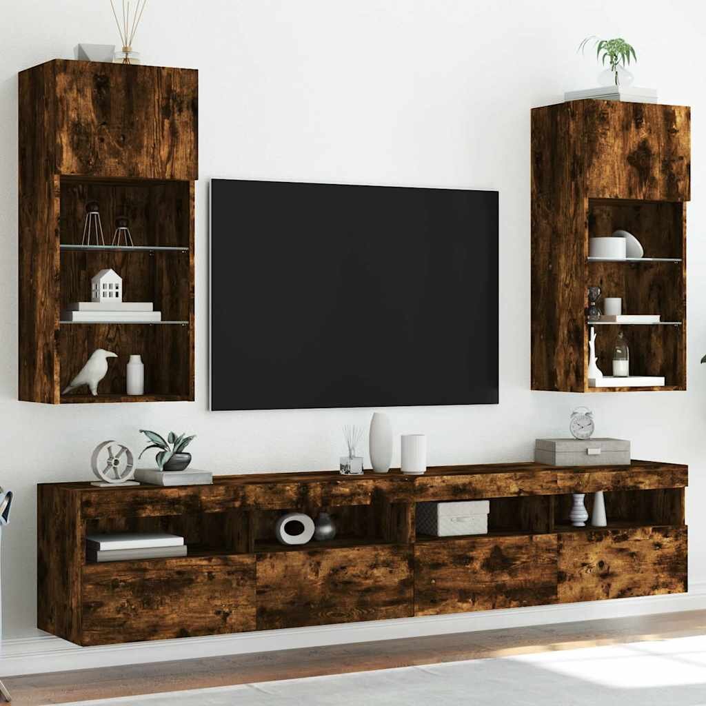 vidaXL ТВ шкафове с LED осветление 2 бр опушен дъб 405x30x90 см