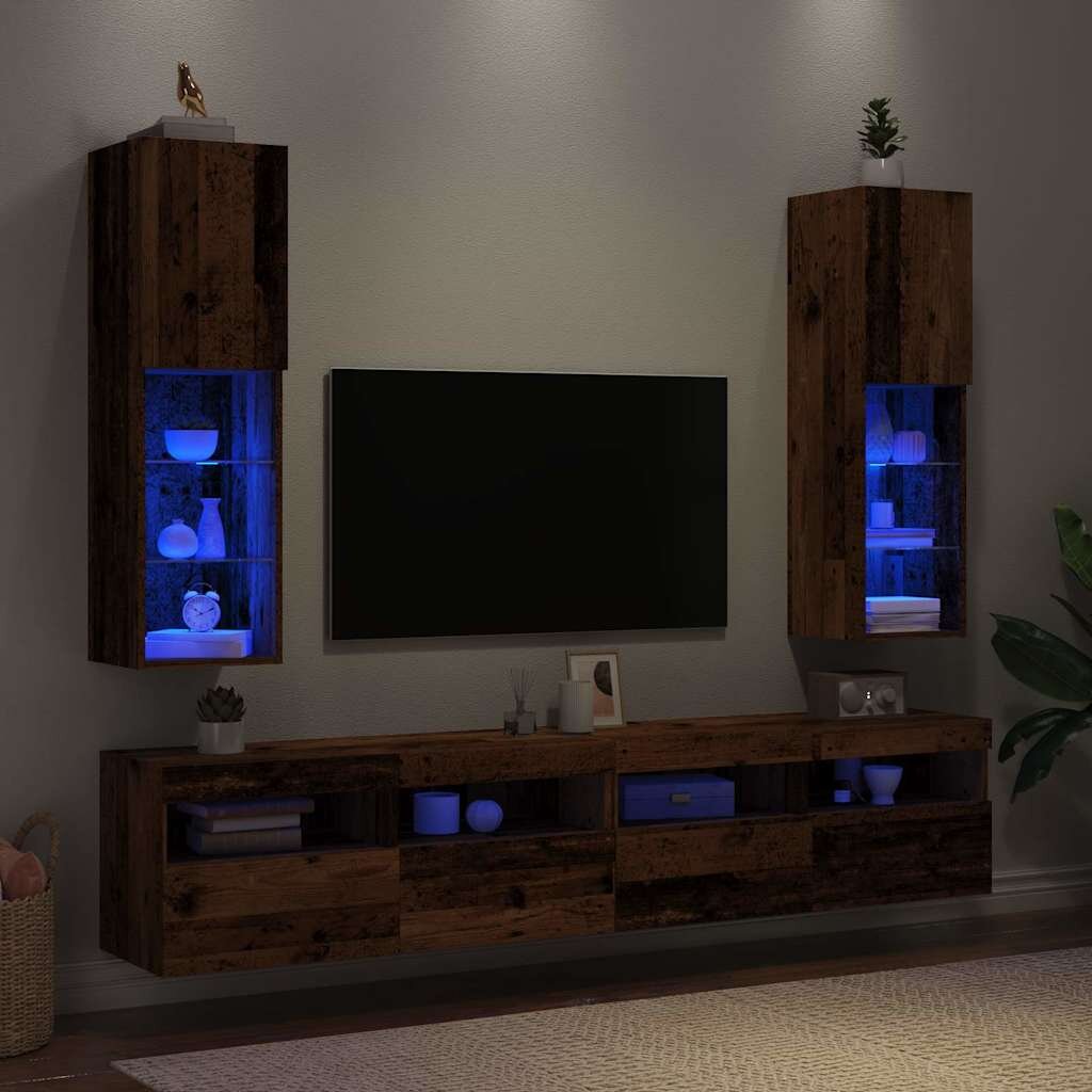 vidaXL ТВ шкафове с LED осветление 2 бр старо дърво 305x30x102 см