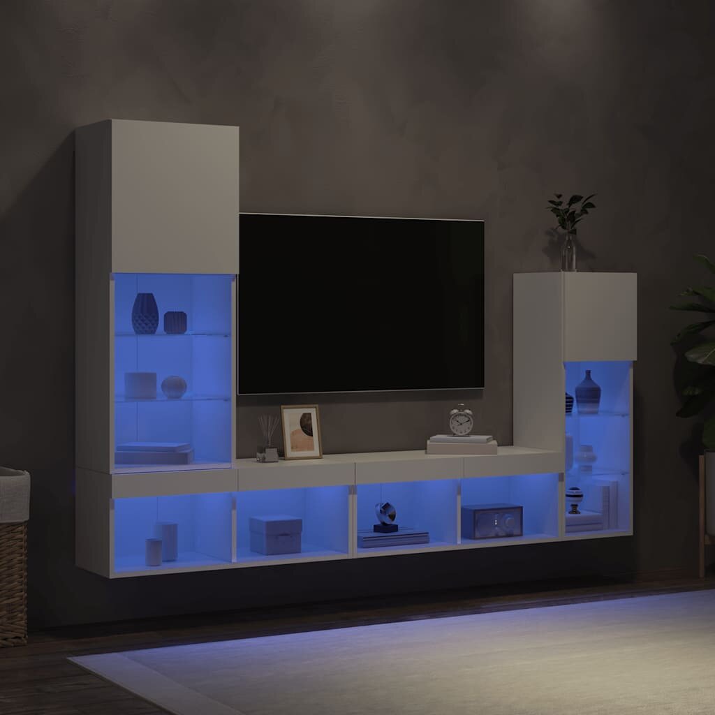 vidaXL ТВ стенни модули с LED 4 части бели инженерно дърво