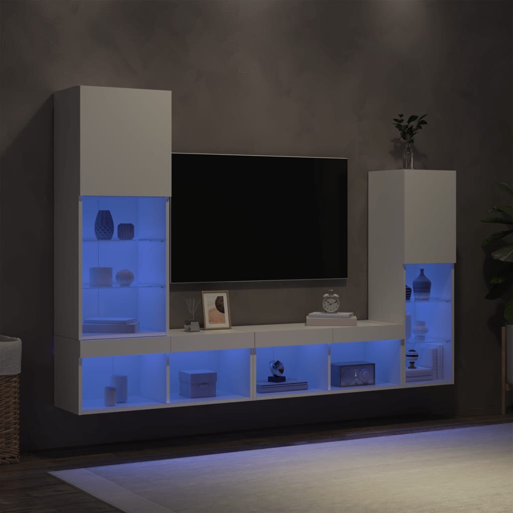 vidaXL ТВ стенни модули с LED 4 части бели инженерно дърво