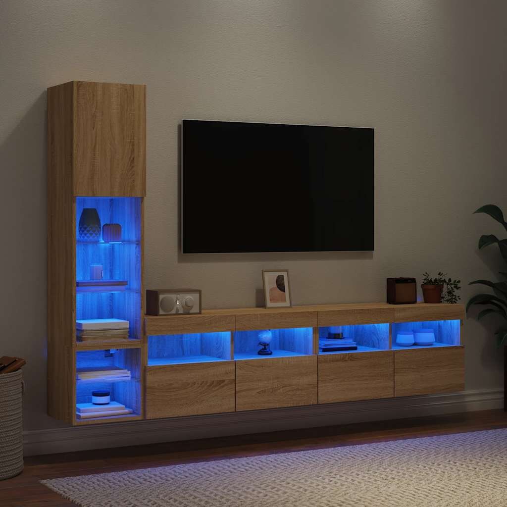 vidaXL ТВ стенни модули с LED 4 части сонома дъб инженерно дърво