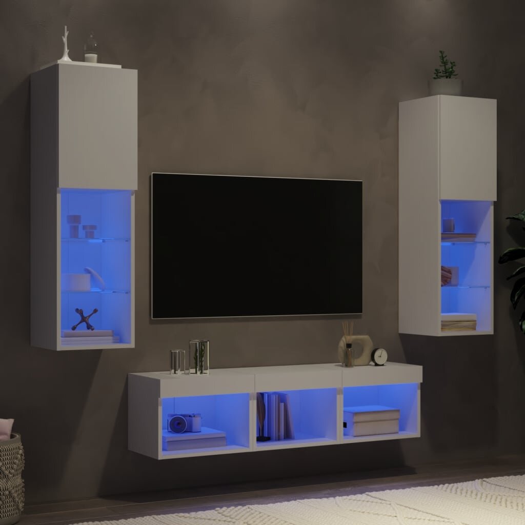 vidaXL ТВ стенни модули с LED 5 части бели инженерно дърво