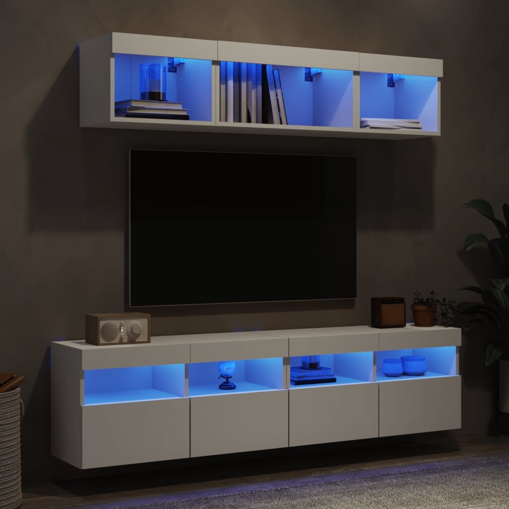 vidaXL ТВ стенни модули с LED 5 части бели инженерно дърво