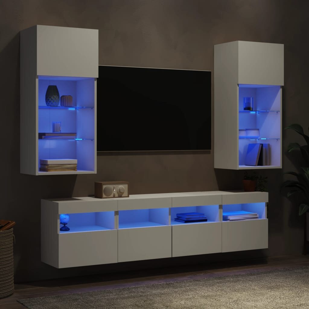vidaXL ТВ стенни модули с LED 5 части бели инженерно дърво