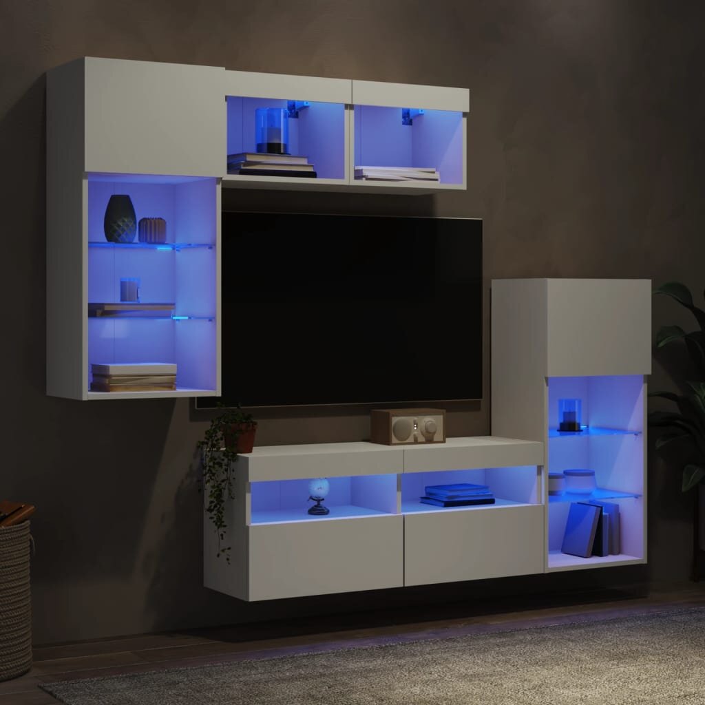 vidaXL ТВ стенни модули с LED 5 части бели инженерно дърво