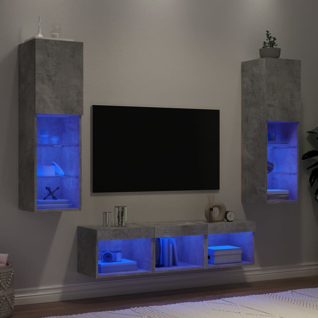 vidaXL ТВ стенни модули с LED 5 части бетонно сиви инженерно дърво