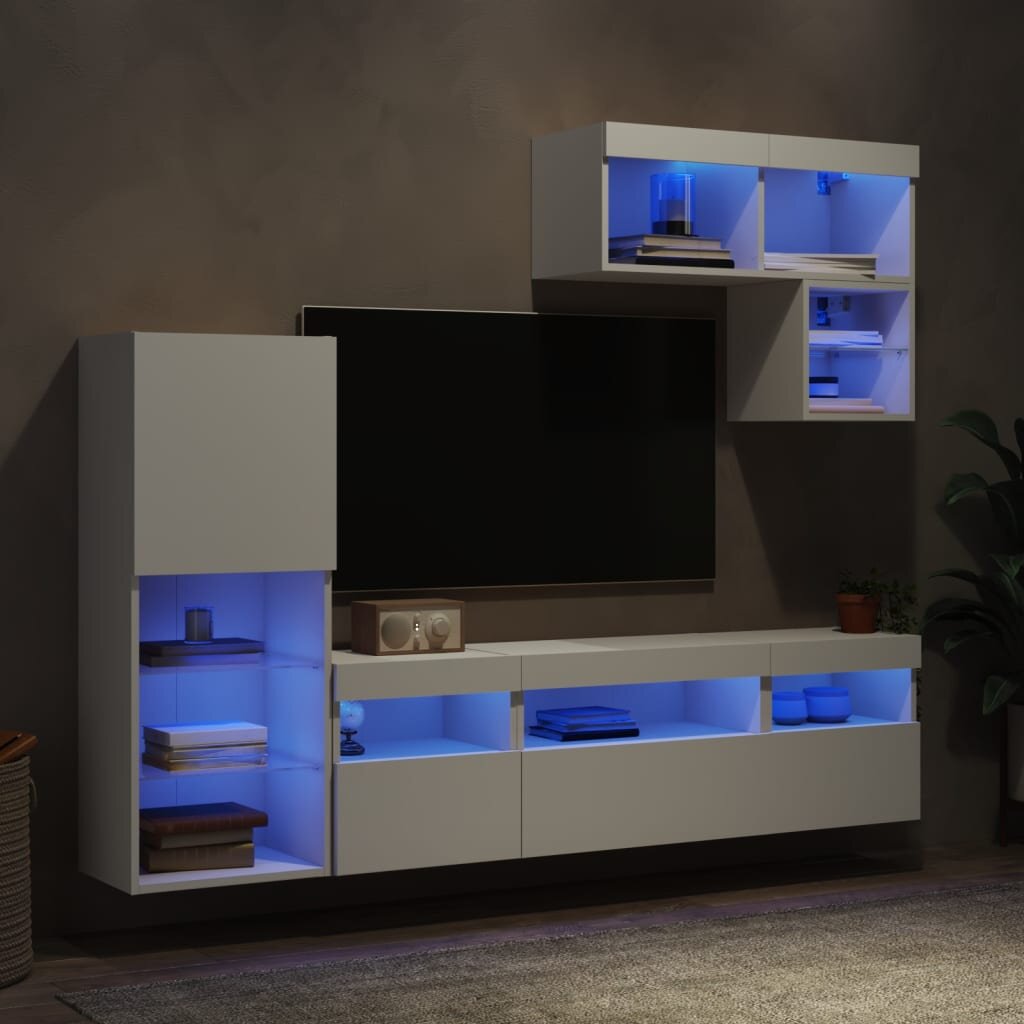 vidaXL ТВ стенни модули с LED 6 части бели инженерно дърво