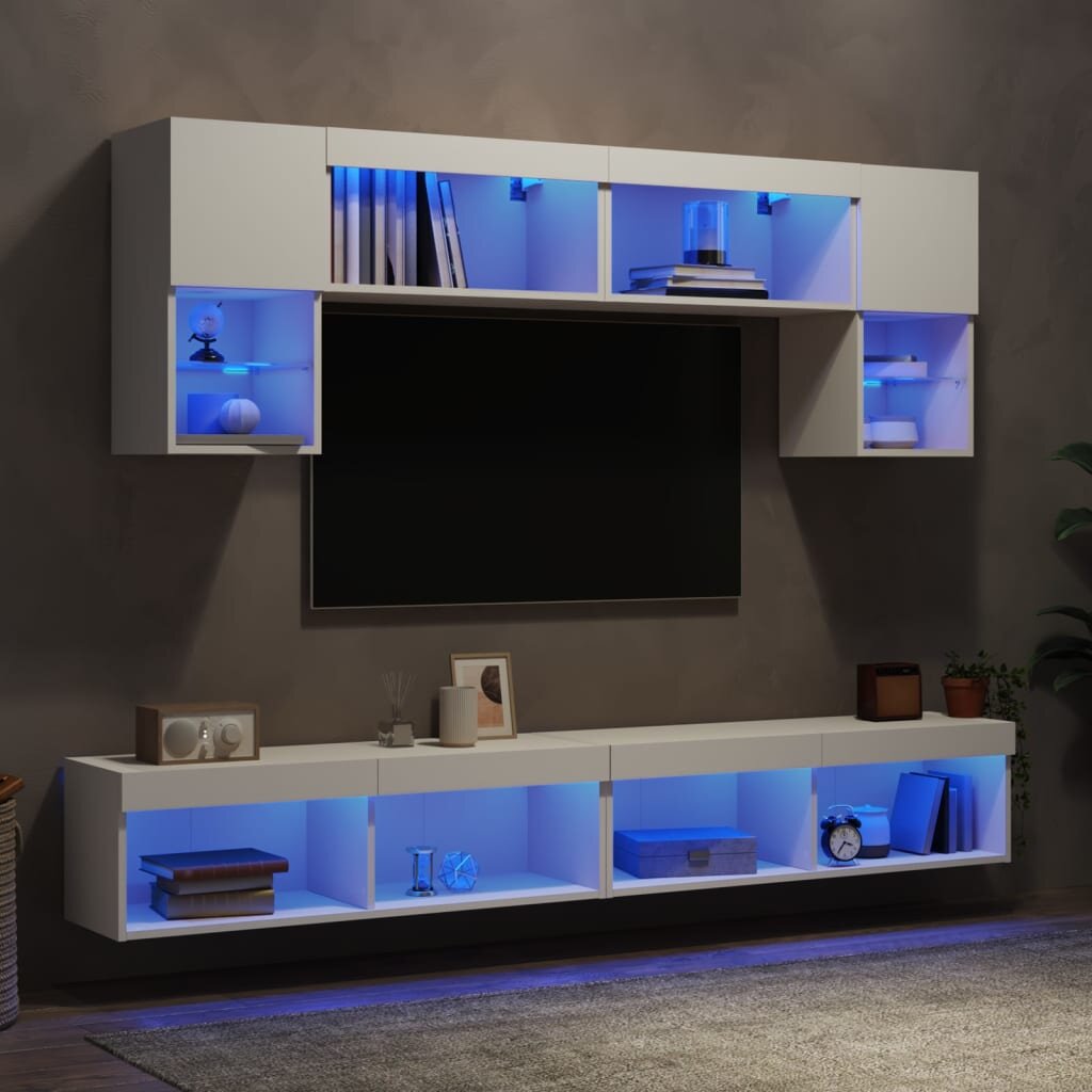 vidaXL ТВ стенни модули с LED 6 части бели инженерно дърво