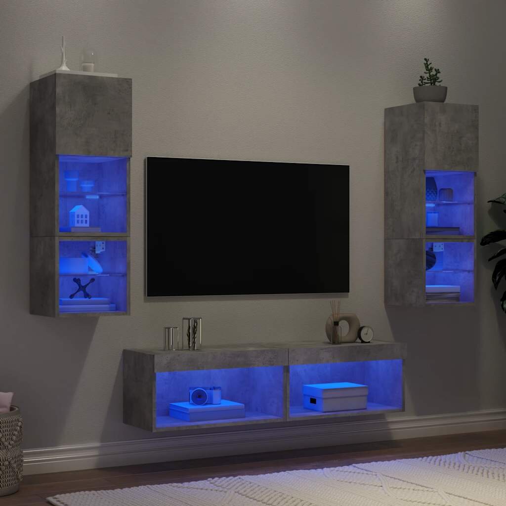 vidaXL ТВ стенни модули с LED 6 части бетонно сиви инженерно дърво
