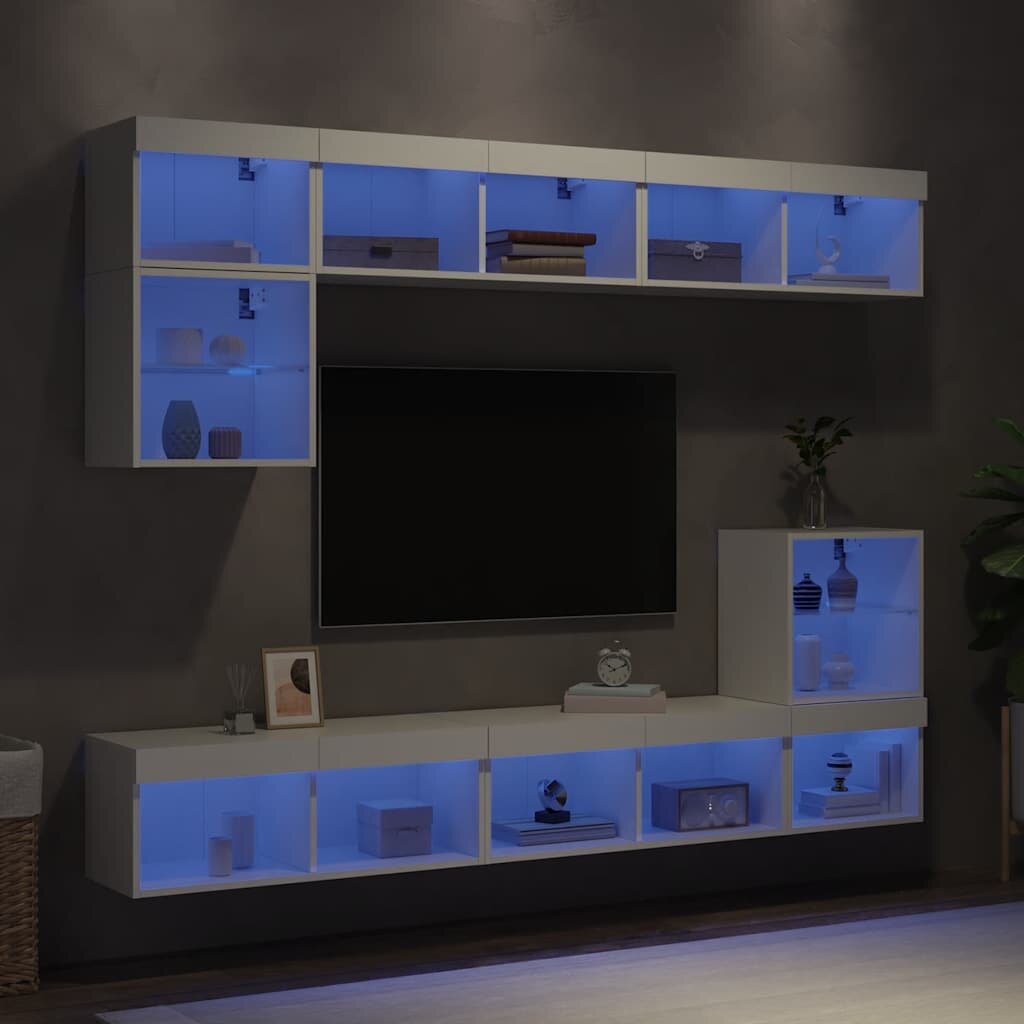 vidaXL ТВ стенни модули с LED 8 части бели инженерно дърво