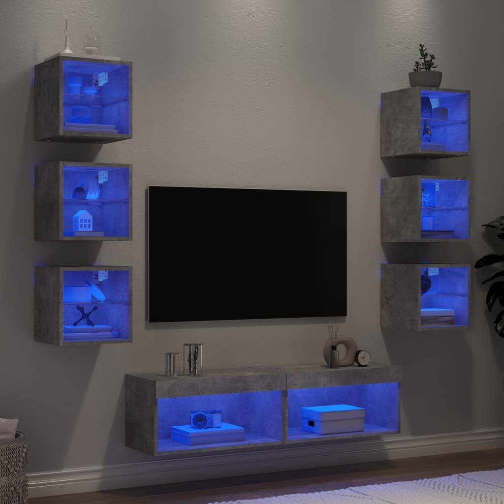 vidaXL ТВ стенни модули с LED 8 части бетонно сиви инженерно дърво