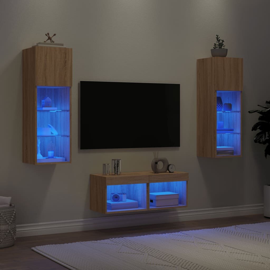 vidaXL ТВ стенни шкафове 4 части с LED светлини сонома дъб