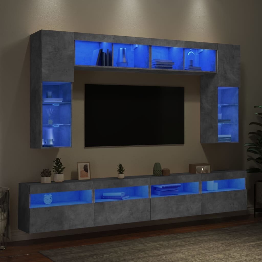 vidaXL ТВ стенни шкафове 8 части с LED светлини бетонно сиви