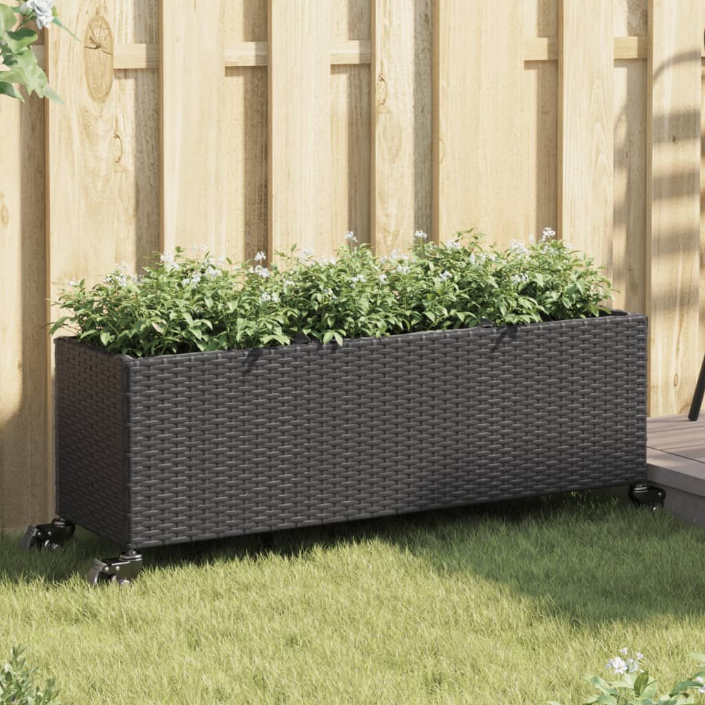 vidaXL Външен плантер с колела и 3 саксии черен 107x32x38 см полиратан