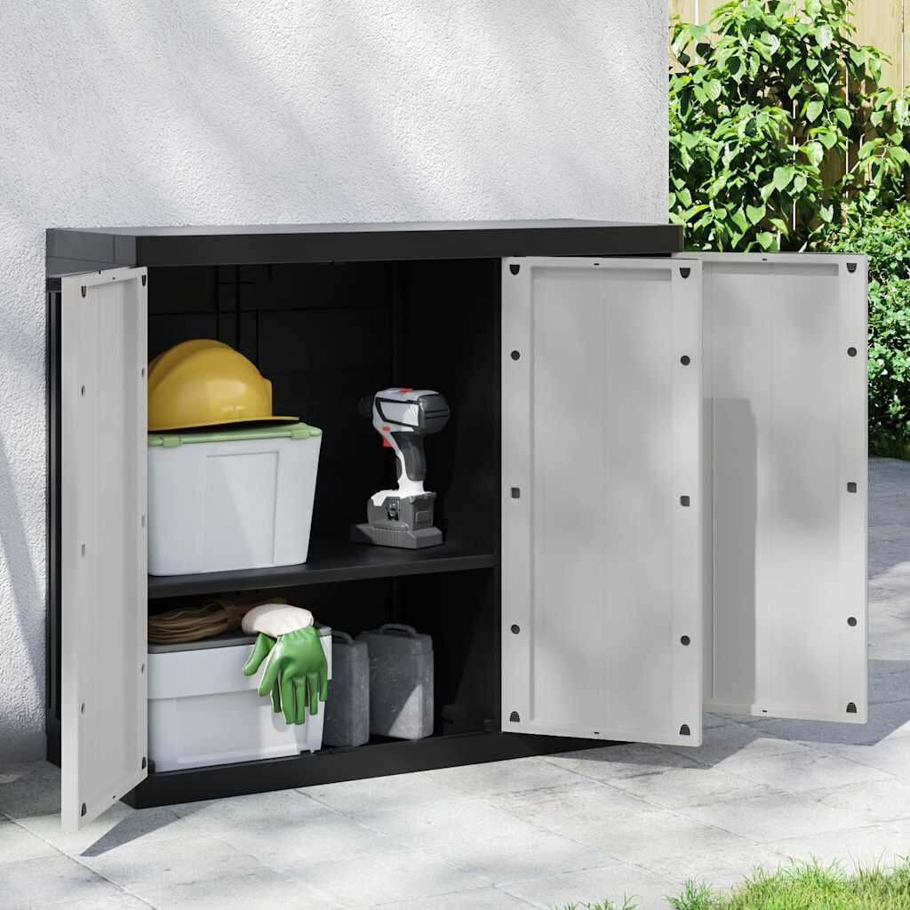 vidaXL Външен шкаф за съхранение сиво и черно 97x37x85 см PP