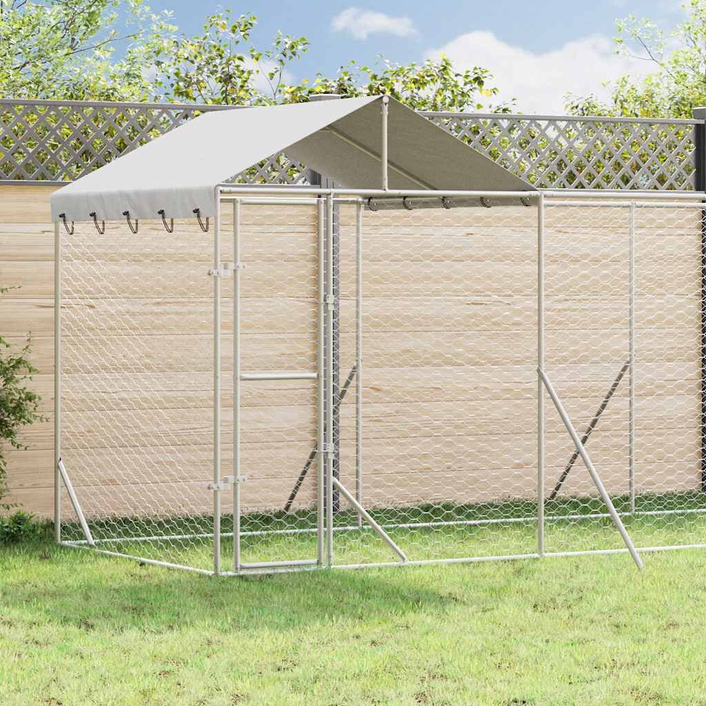 vidaXL Външна клетка за куче с покрив сребриста 14x2x25 м стомана