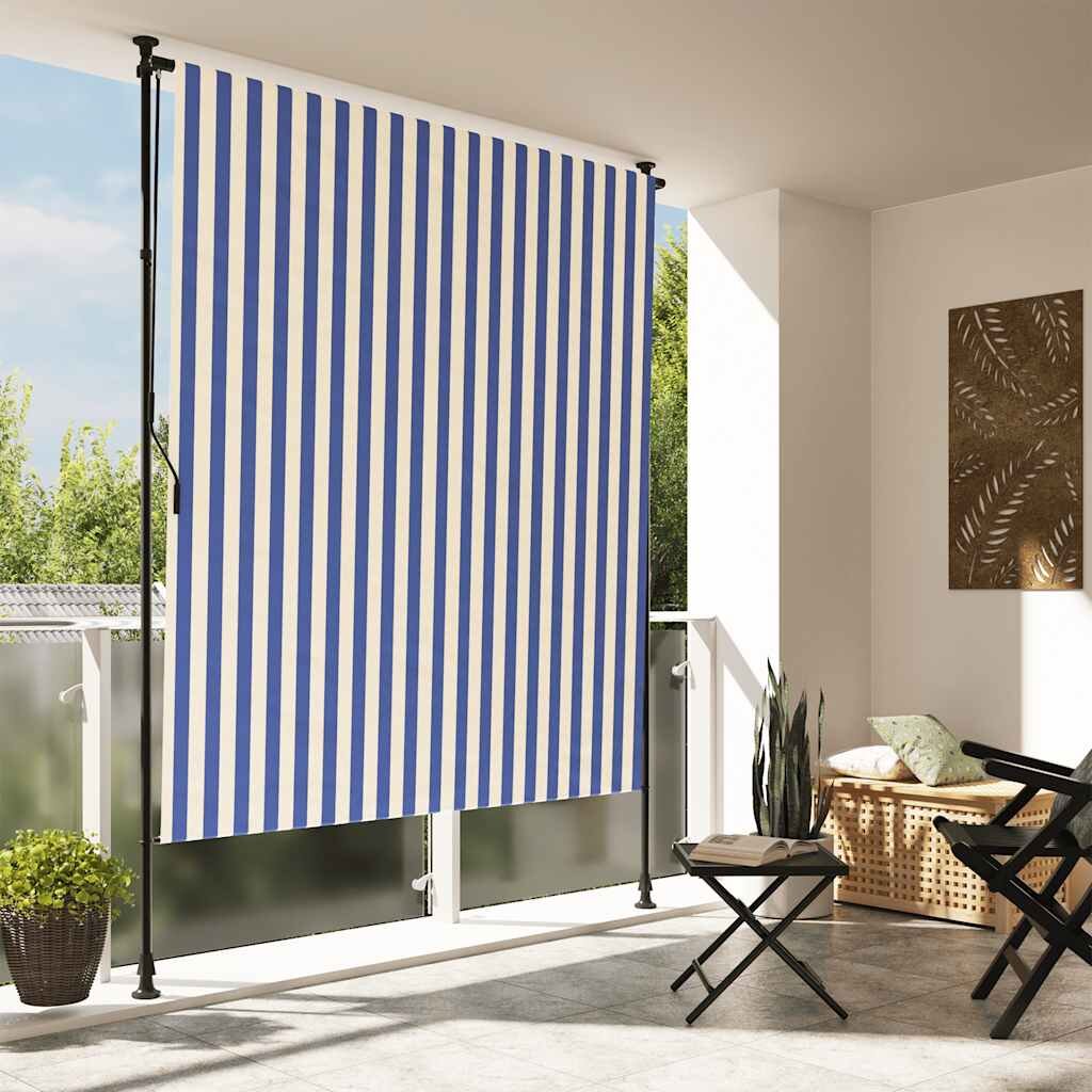vidaXL Външна ролетна щора синьо и бяло 150x270 см плат и стомана