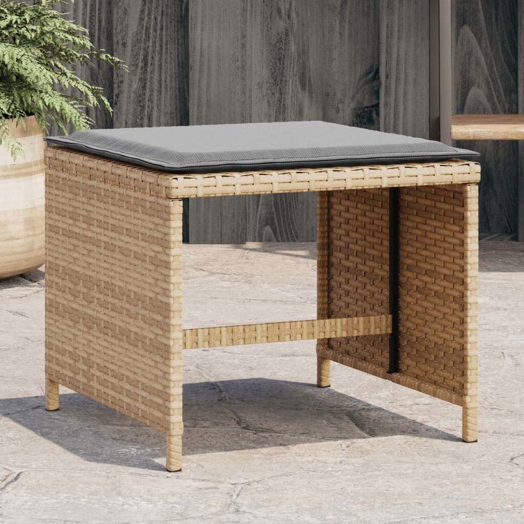 vidaXL Външни табуретки с възглавници 4 бр бежов 40x40x35 см полиратан
